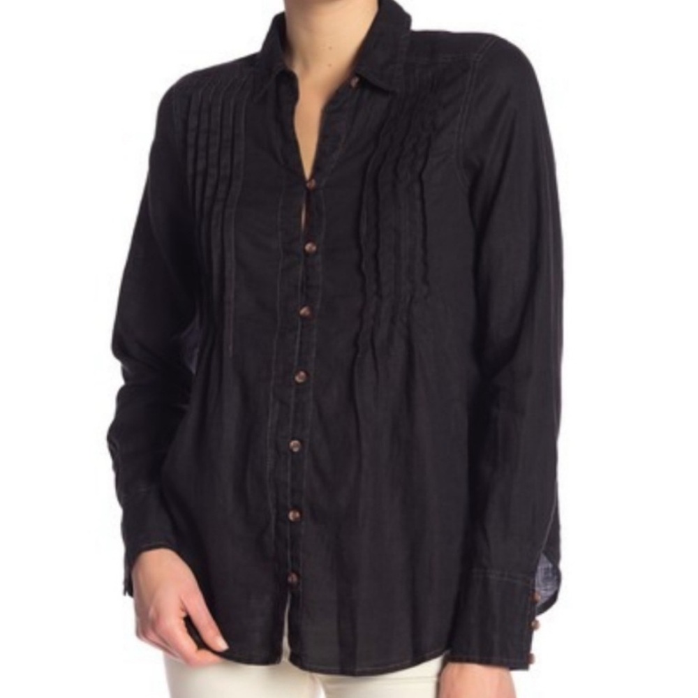 Free People Breezy Morning Linen Loop Button Down Pleated Shirt